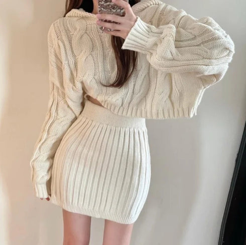 Retro Style Hooded Twist Knitted Sweater With Skirts Sets